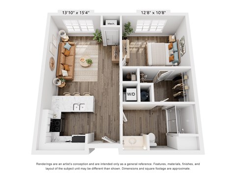 Floor plan for 1 bed, 1 bath, 685 sqft